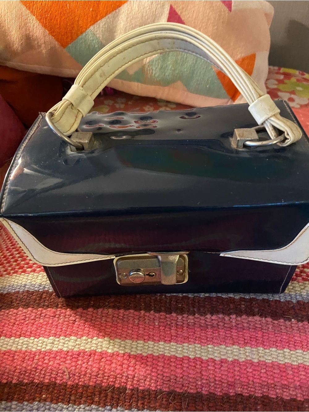 Vintage Navy and White Patent Top-Handle Mini Bag - Picture 2 of 13